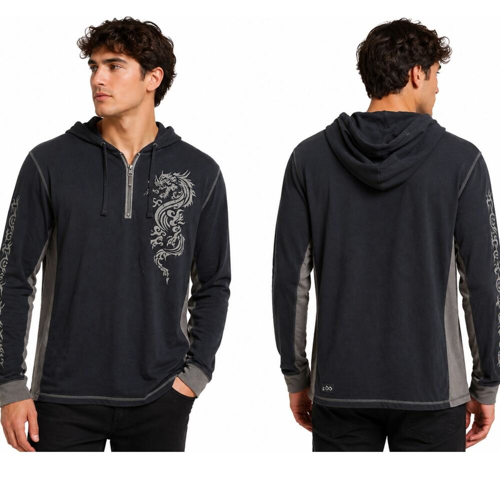 Crazy Shirts Mens 1/4 Zip Hoodie Gray Black Dragon Surf Streetwear XXL Y2K